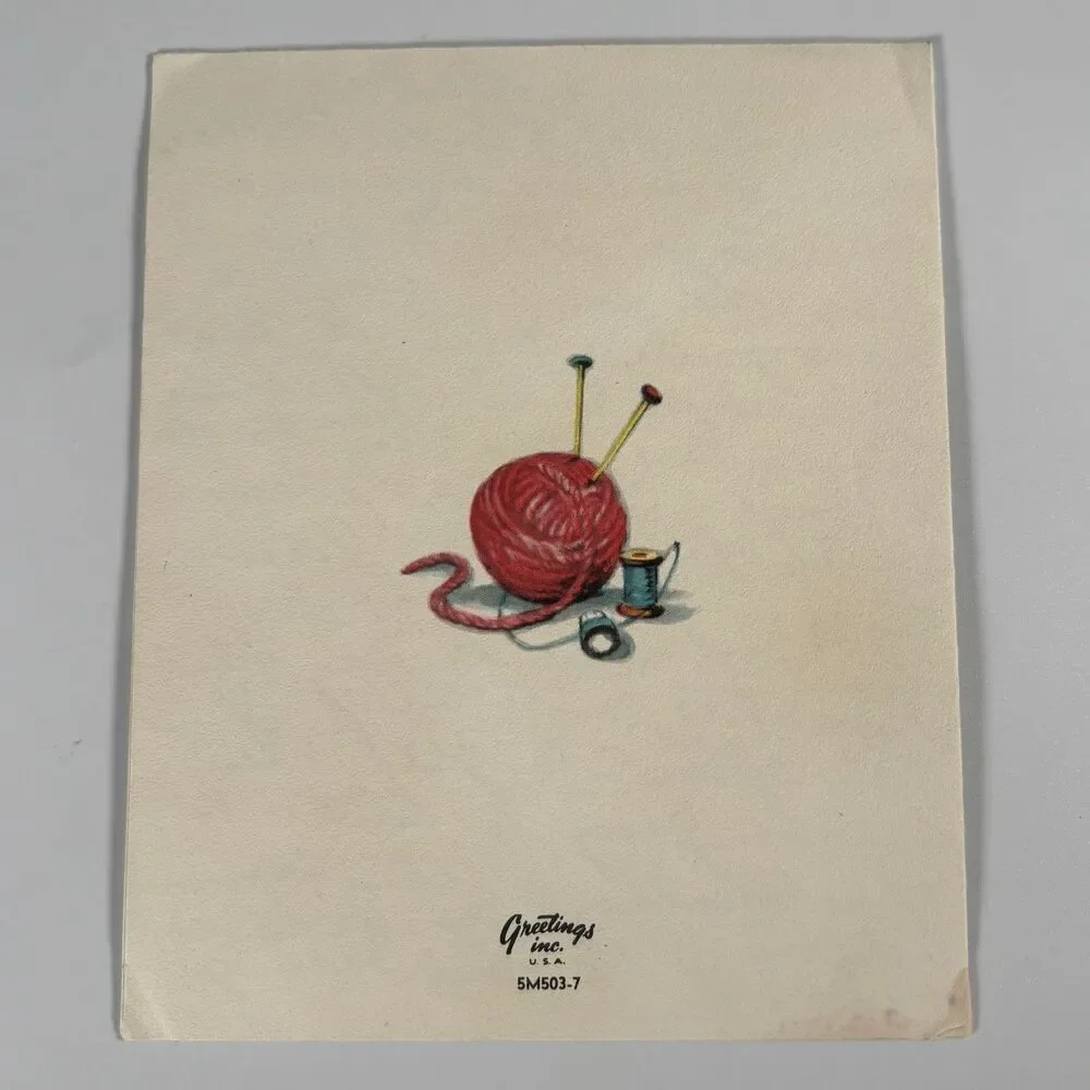Vintage Mother’s Day Card Sewing Basket Yarn Embossed Handwritten Note MCM Art